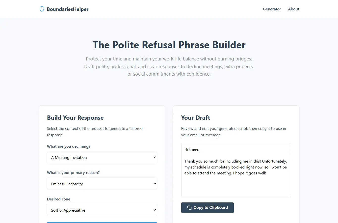 Screenshot of Boundaries: No-Thank-You Helper interface showing the project page in use